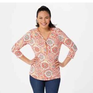 Belle Kim Gravel Floral Print 3/4 Sleeve Zip Up Tunic Top Blouse Size 8